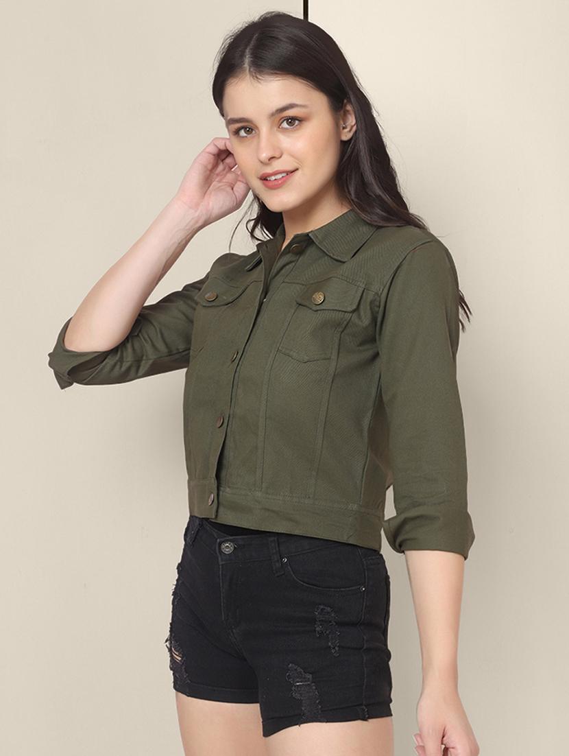 women solid collared denim summer jacket - 21947444 -  Standard Image - 1