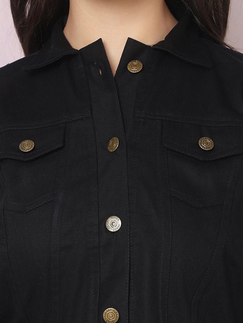 women black solid summer denim jacket - 21947445 - Standard Image - 4