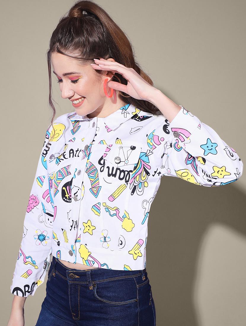women printed collared denim summer jacket - 21947447 - Standard Image - 1