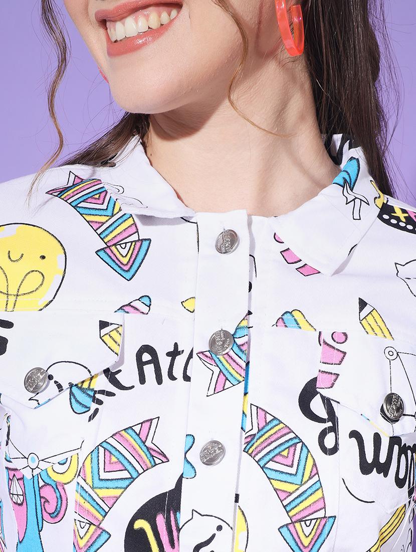 women printed collared denim summer jacket - 21947447 - Standard Image - 4