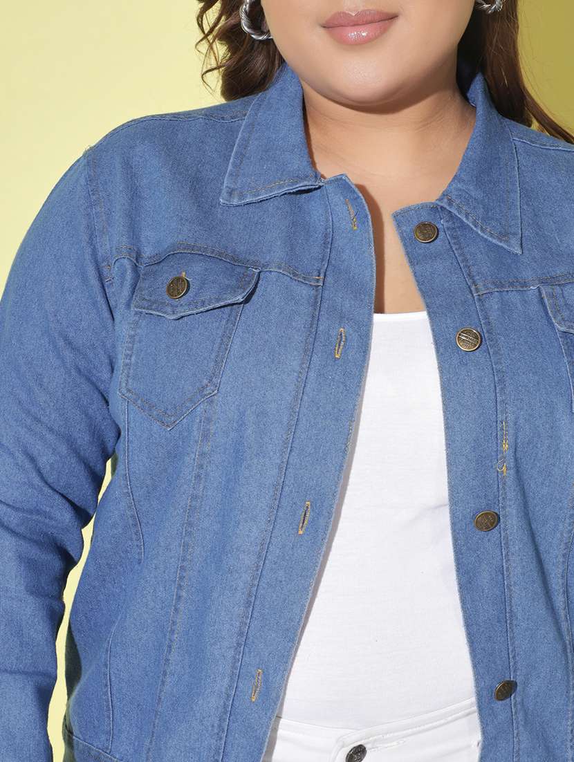 women solid collared denim summer jacket - 21947449 -  Standard Image - 4