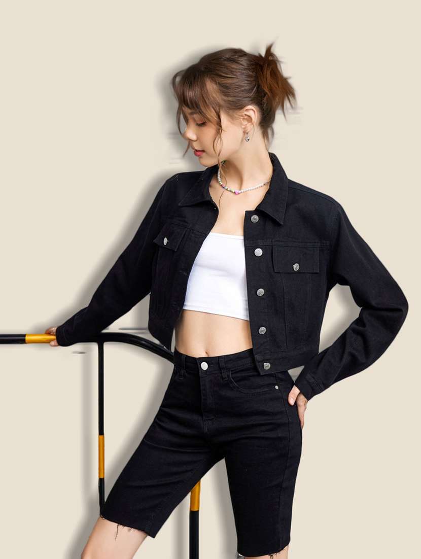 women solid collared denim summer jacket