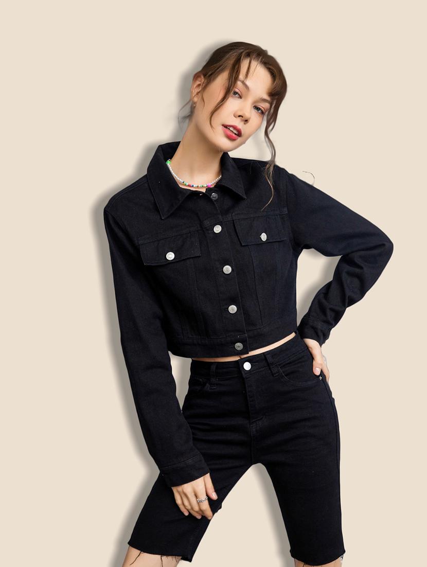 women solid collared denim summer jacket - 21947451 - Standard Image - 1