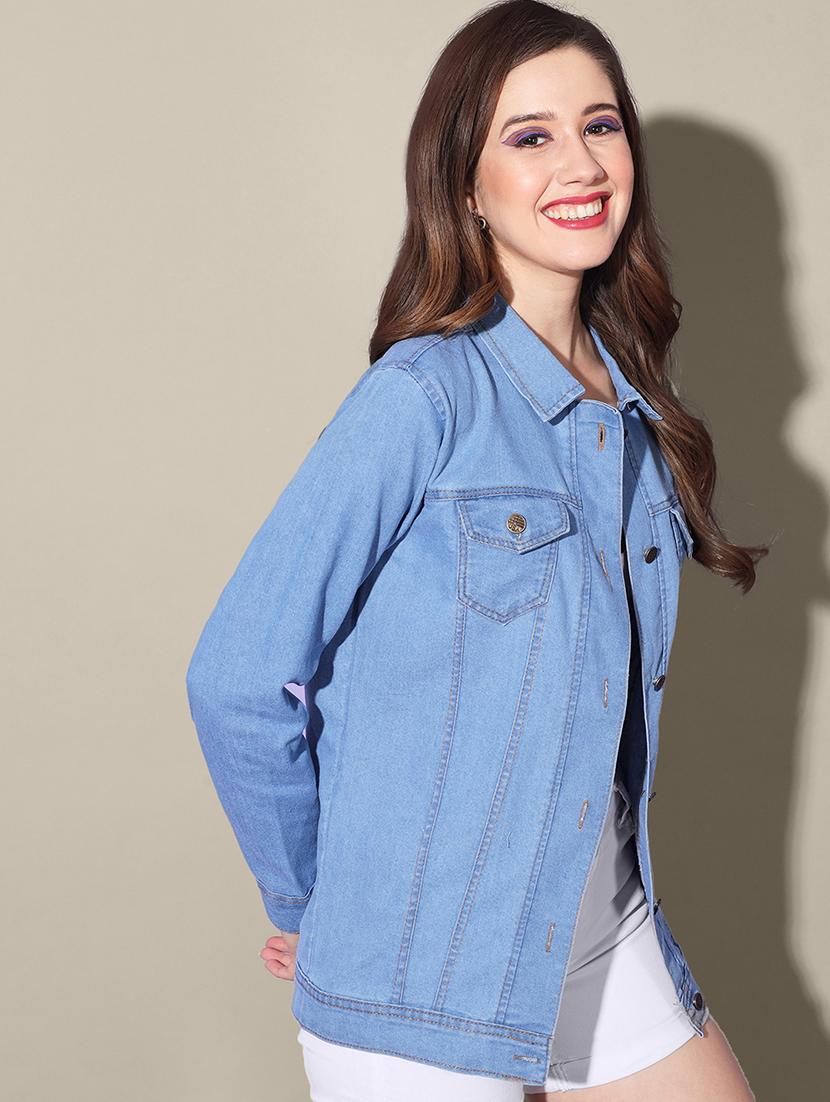 women solid collared denim summer jacket - 21947453 - Standard Image - 1