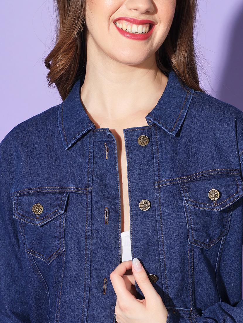 women solid collared denim summer jacket - 21947454 - Standard Image - 4