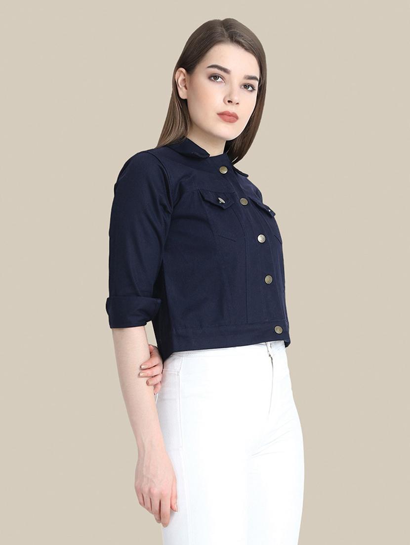 women solid collared denim summer jacket - 21947455 - Standard Image - 1