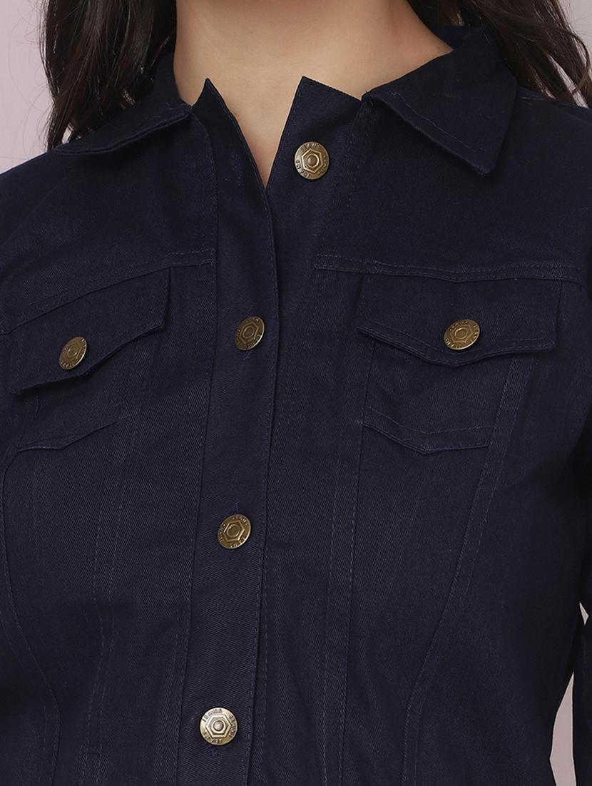 women solid collared denim summer jacket - 21947455 - Standard Image - 4
