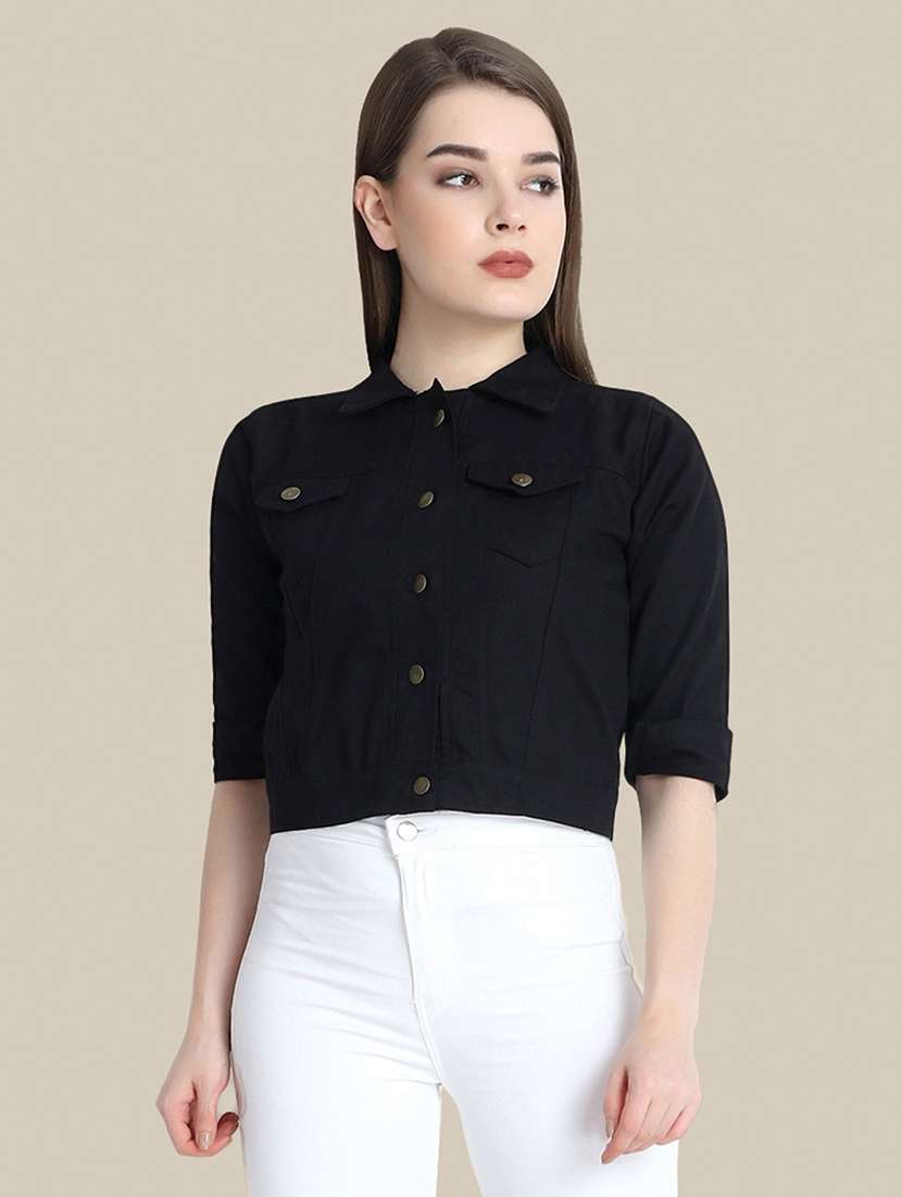 women solid collared denim summer jacket