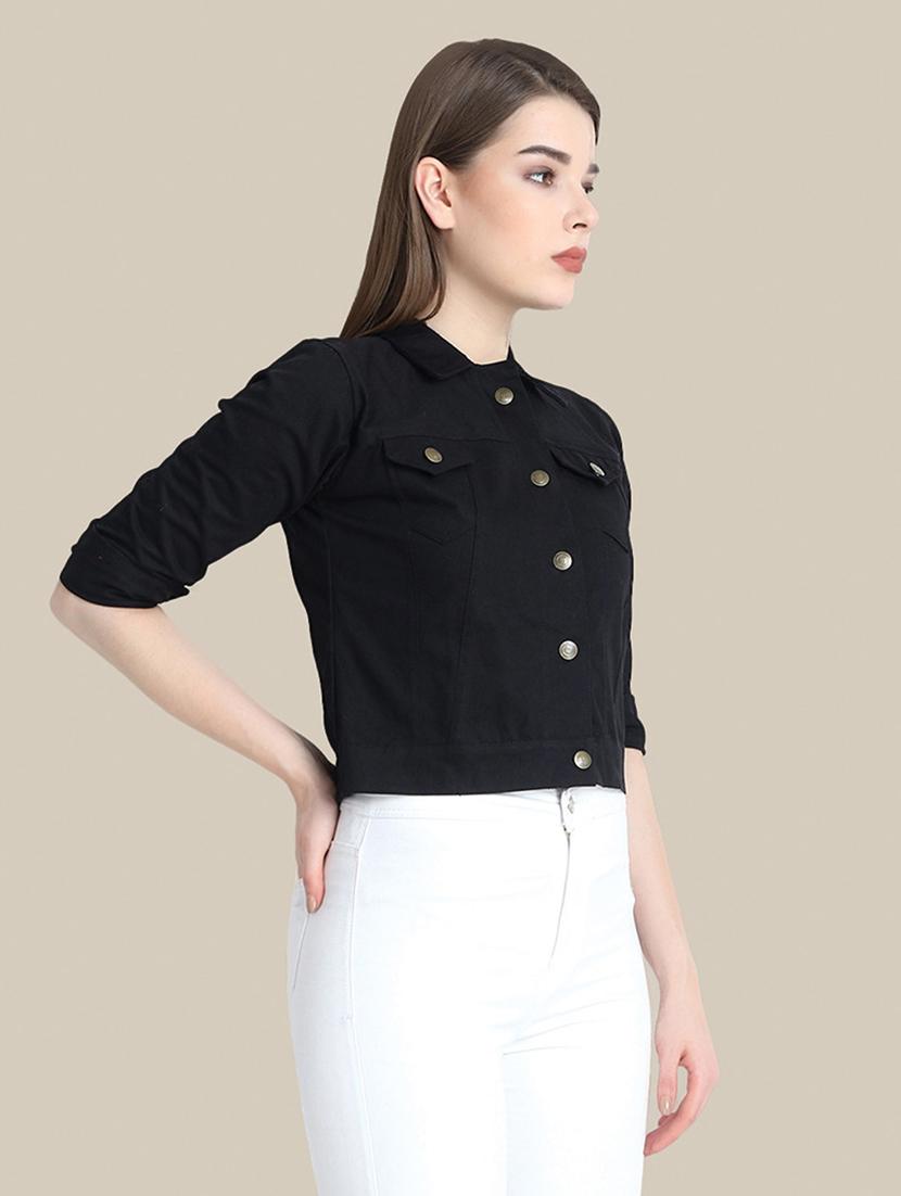 women solid collared denim summer jacket - 21947456 - Standard Image - 1