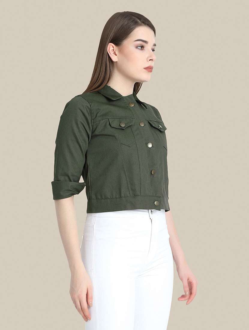 women solid collared denim summer jacket - 21947457 - Standard Image - 1