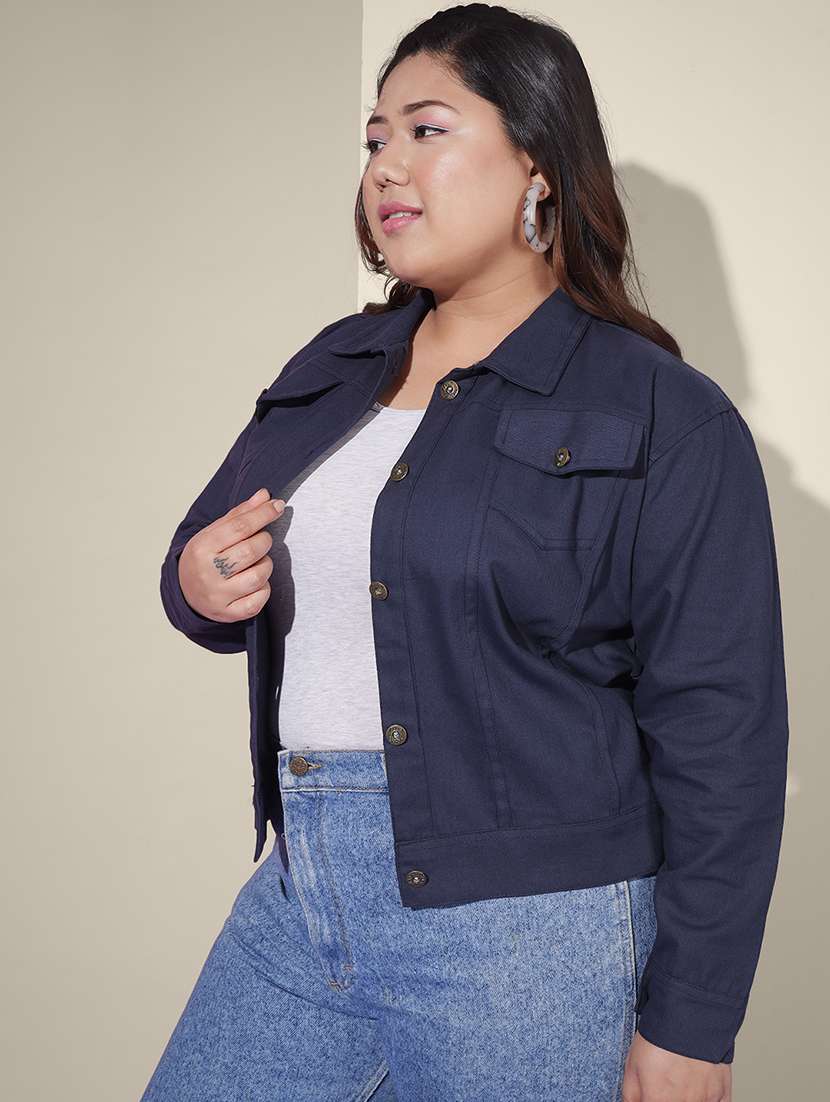 women solid collared denim summer jacket - 21947458 -  Standard Image - 1