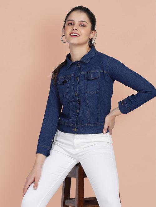 women solid collared denim summer jacket - 21947463 -  Standard Image - 0