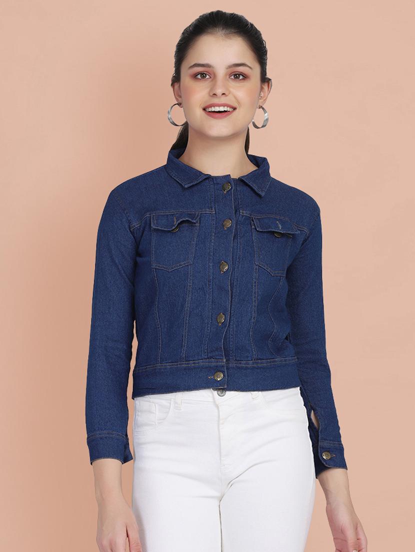women solid collared denim summer jacket - 21947463 -  Standard Image - 1