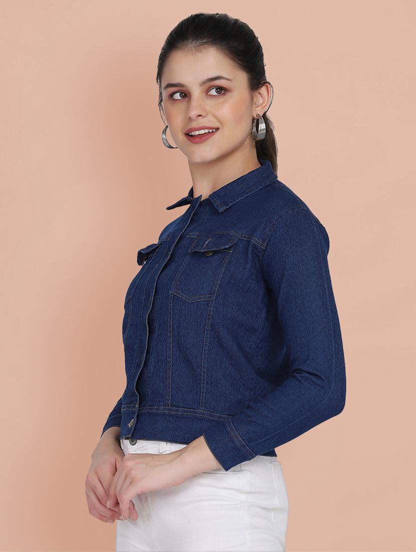 women solid collared denim summer jacket - 21947463 - Standard Image - 4