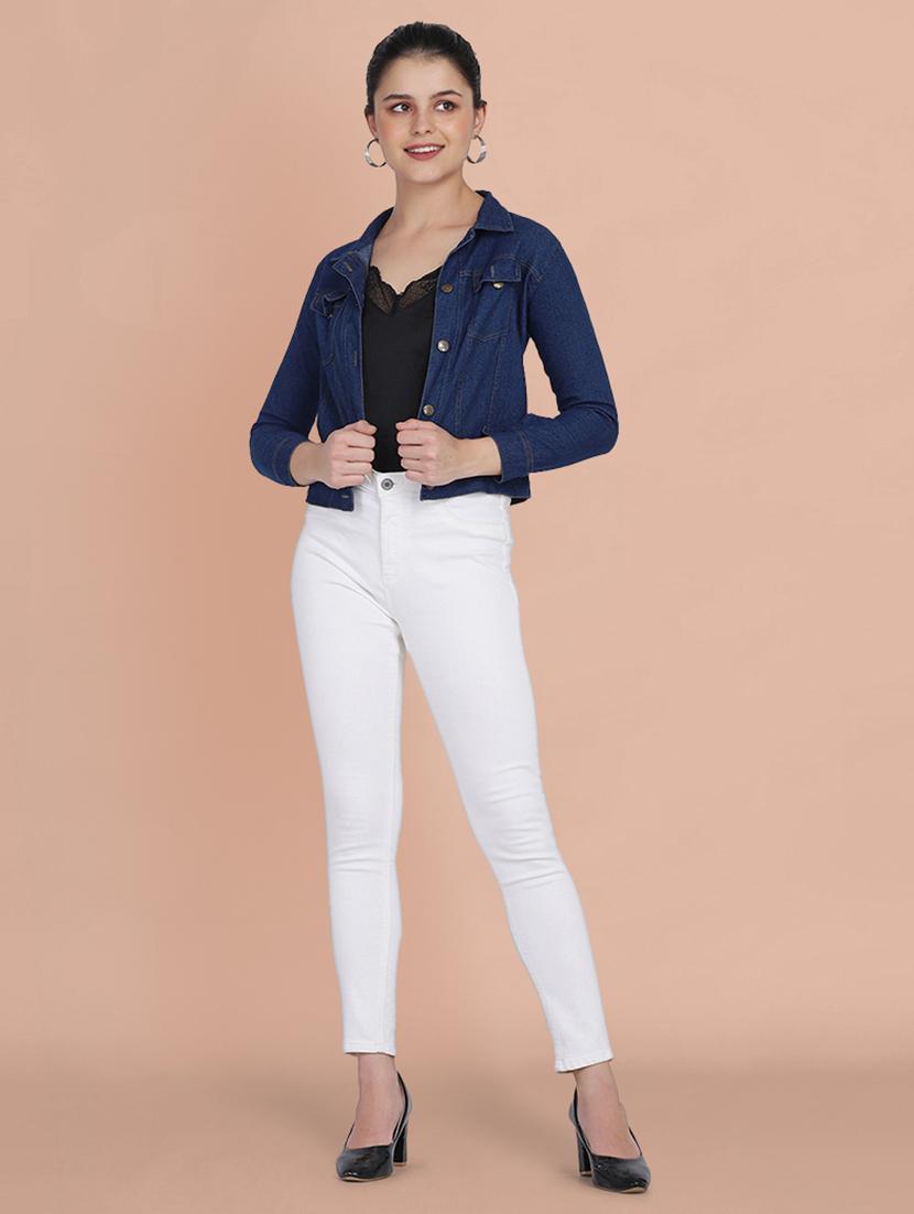 women solid collared denim summer jacket - 21947463 - Standard Image - 6