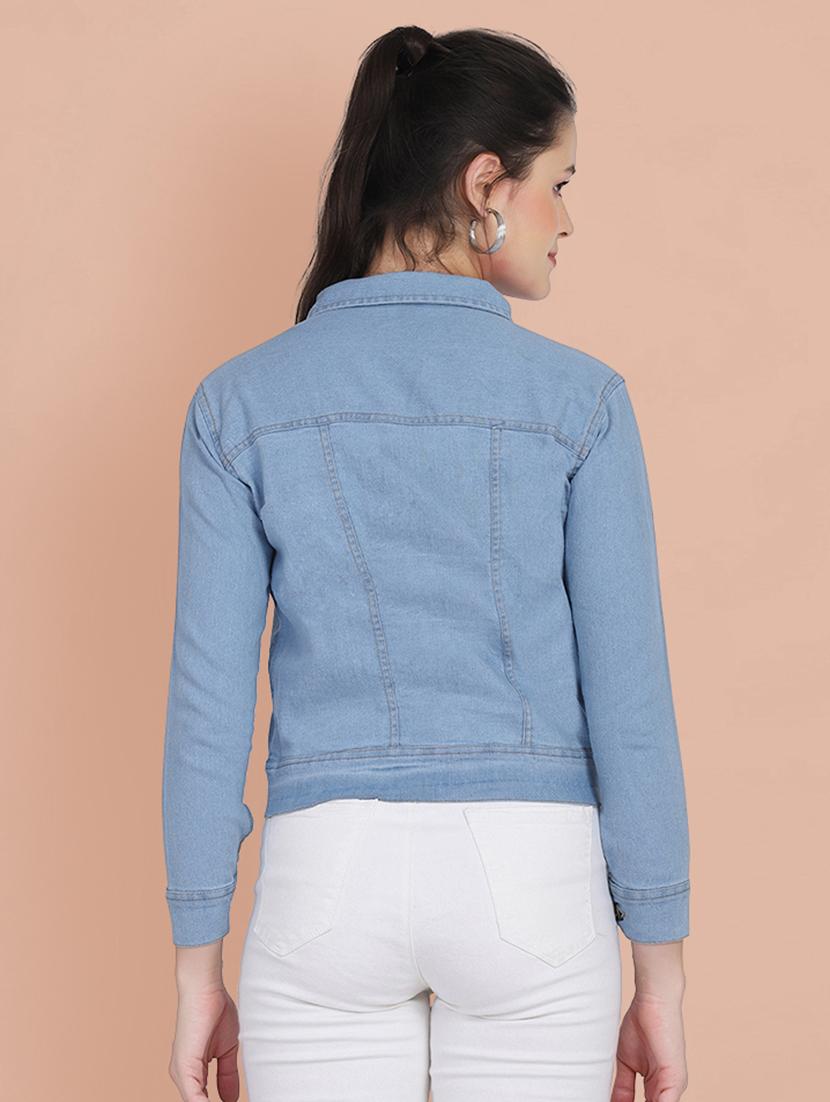 women solid collared denim summer jacket - 21947464 - Standard Image - 4