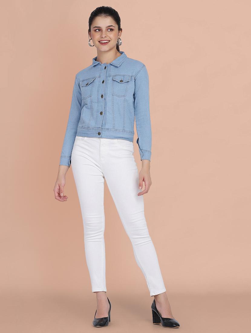 women solid collared denim summer jacket - 21947464 - Standard Image - 6