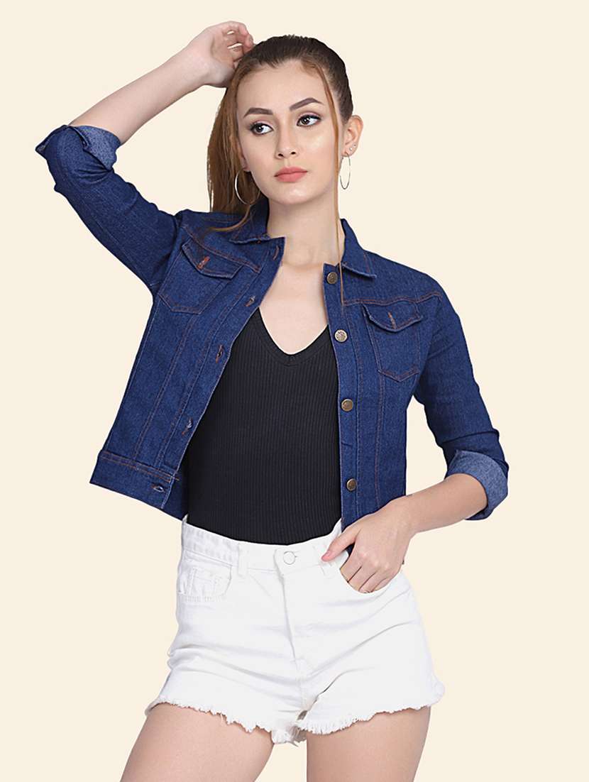 women solid collared denim summer jacket