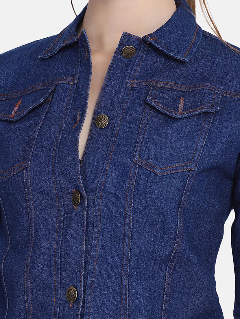 women solid collared denim summer jacket - 21947466 - Standard Image - 4