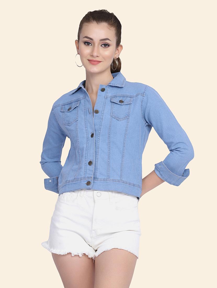 women solid collared denim summer jacket - 21947467 - Standard Image - 1