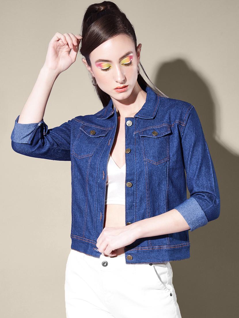 women solid collared denim summer jacket - 21947468 -  Zoom Image - 0