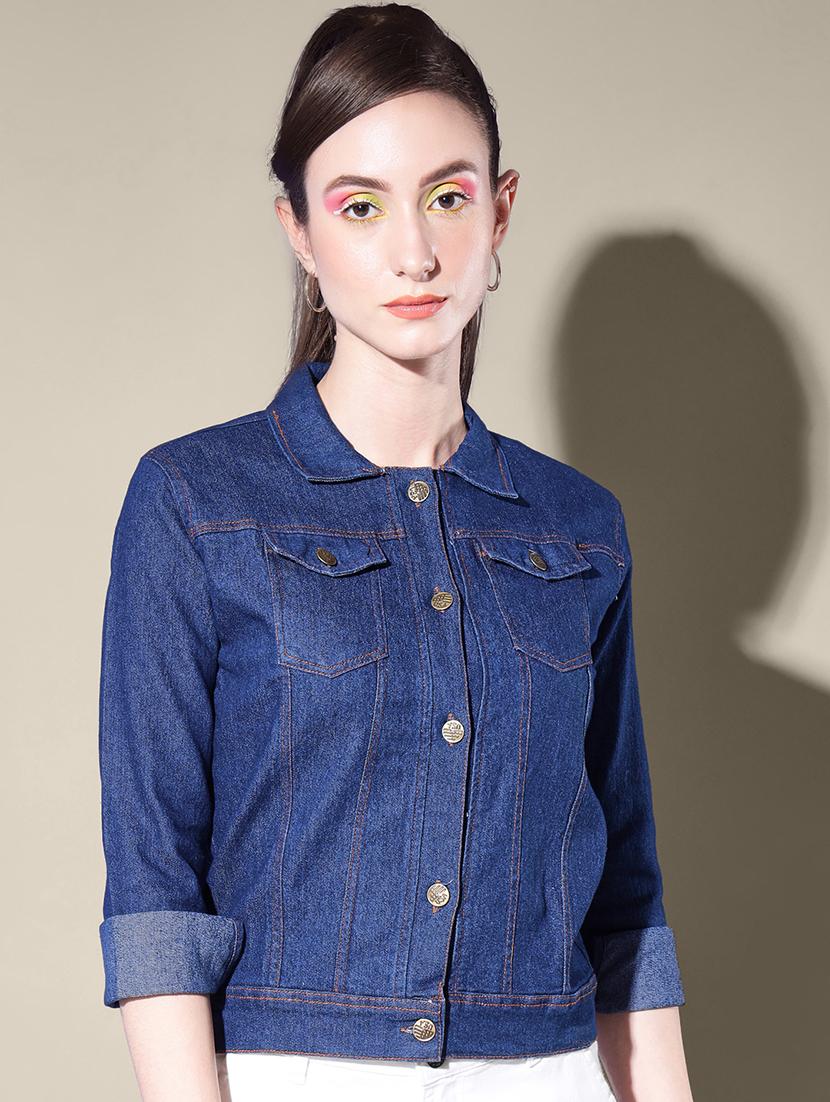 women solid collared denim summer jacket - 21947468 -  Standard Image - 1