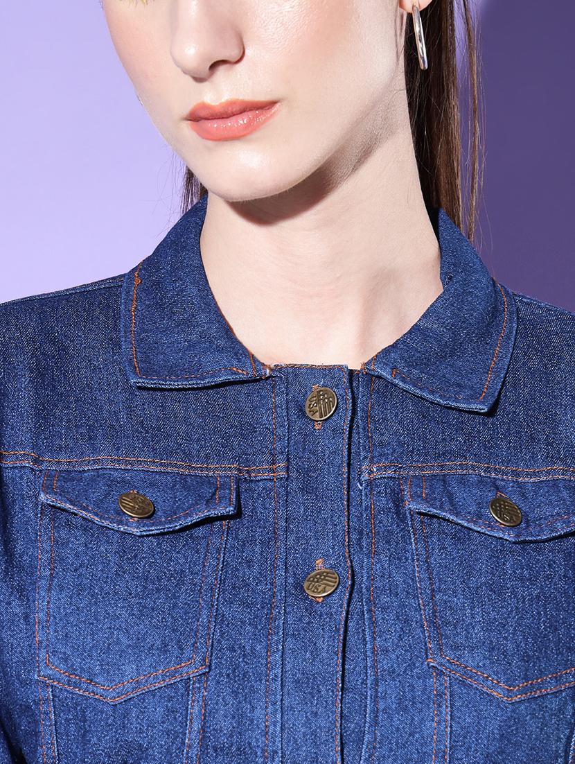 women solid collared denim summer jacket - 21947468 - Standard Image - 4