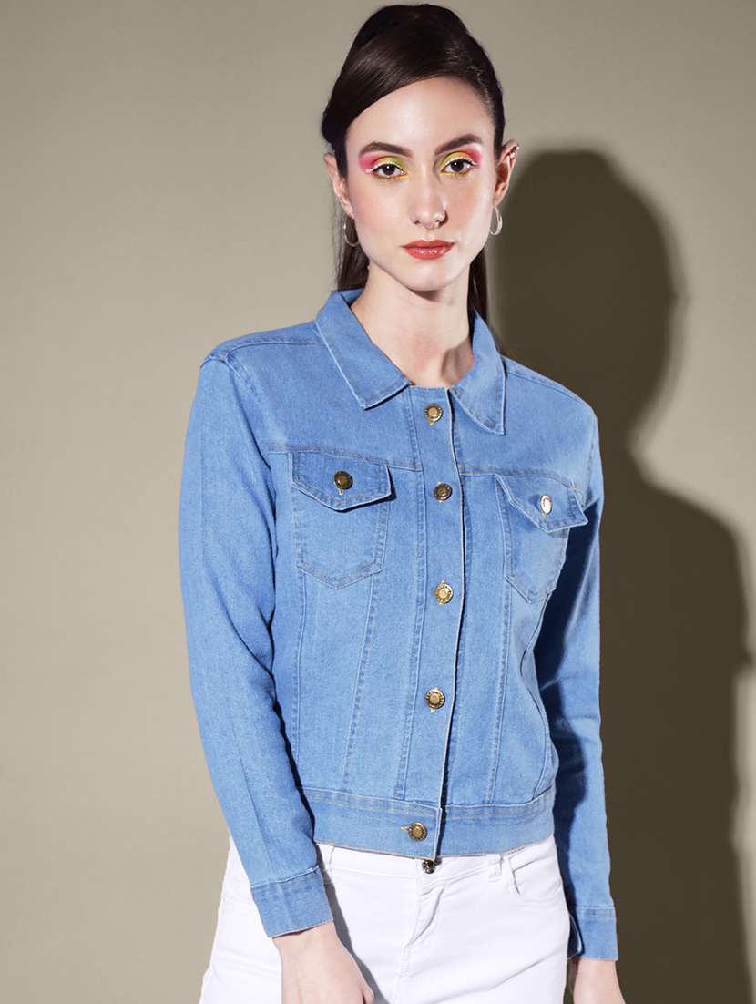 women solid collared denim summer jacket - 21947469 - Standard Image - 1