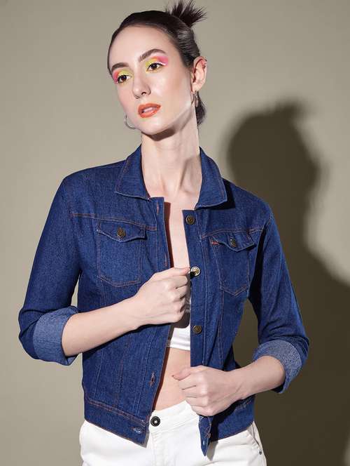 women solid collared denim summer jacket - 21947470 -  Standard Image - 0