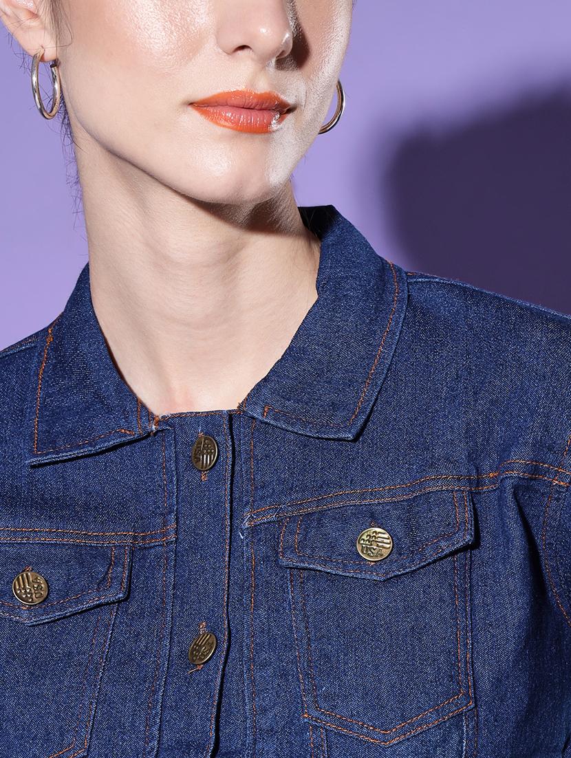 women solid collared denim summer jacket - 21947470 - Standard Image - 4