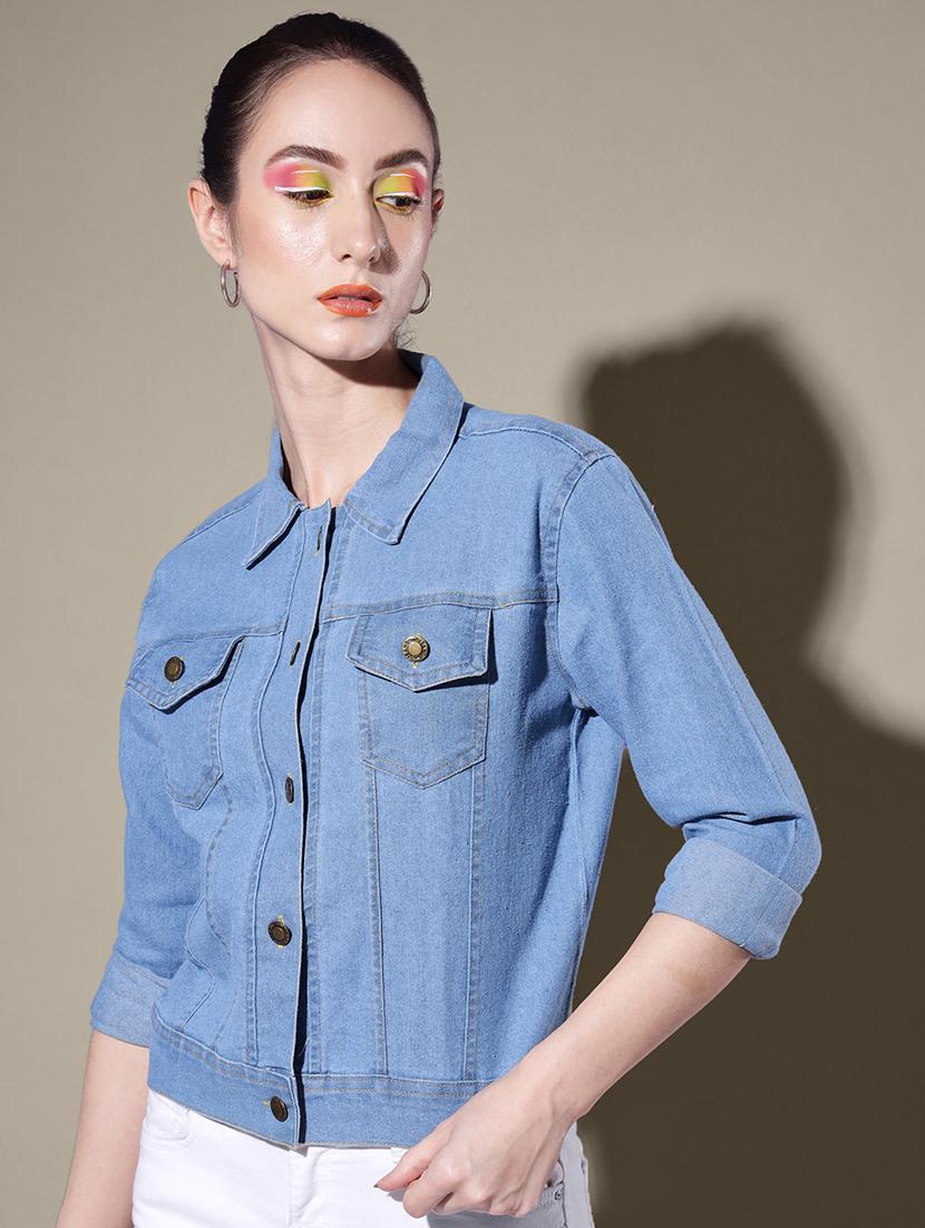 women solid collared denim summer jacket - 21947471 - Standard Image - 1