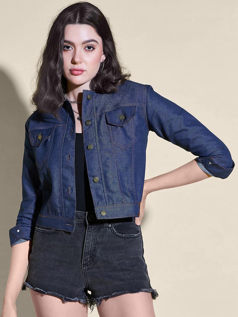 women solid collared denim summer jacket - 21947472 - Standard Image - 1