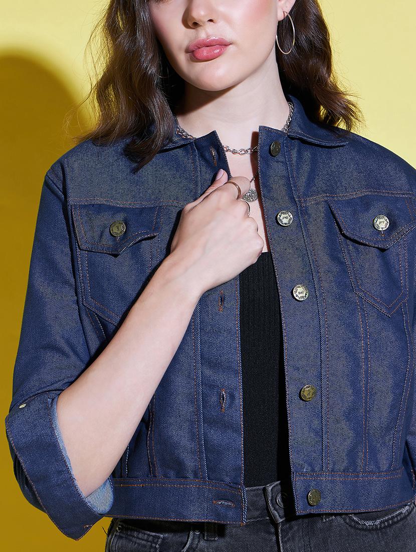 women solid collared denim summer jacket - 21947472 - Standard Image - 4
