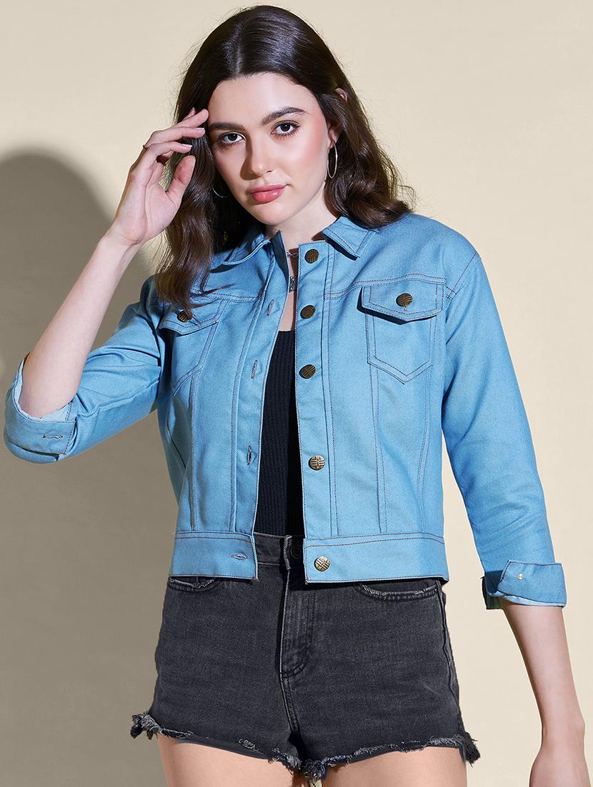 women solid collared denim summer jacket - 21947473 - Standard Image - 1