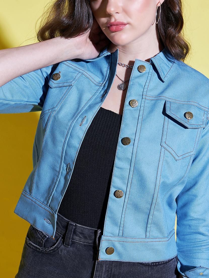 women solid collared denim summer jacket - 21947473 - Standard Image - 4