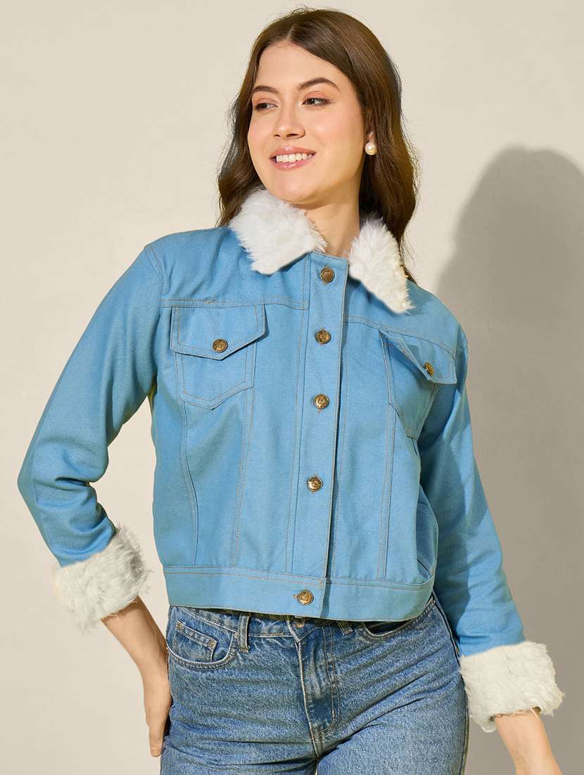 women solid fur detailed denim jacket - 21947474 - Standard Image - 1