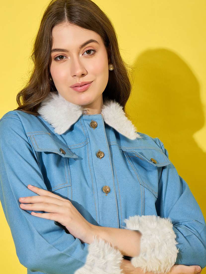 women solid fur detailed denim jacket - 21947474 - Standard Image - 4