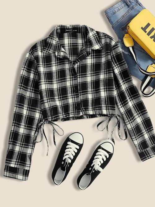 women checkered collared long sleeve crop shirt - 21947480 - Standard Image - 0