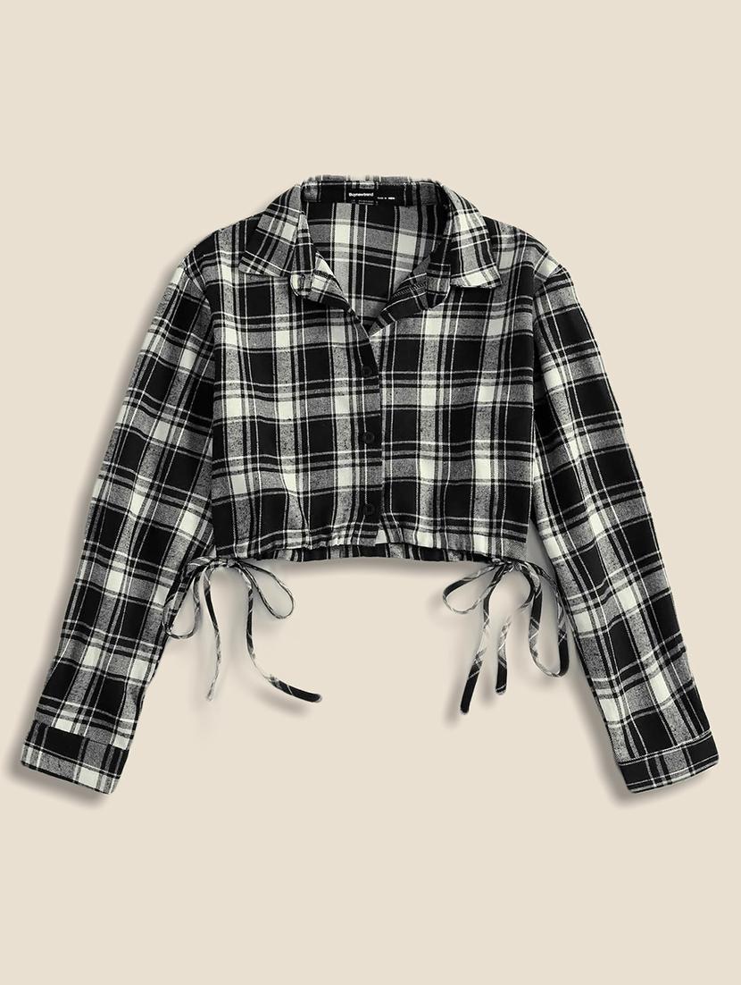 women checkered collared long sleeve crop shirt - 21947480 - Standard Image - 1