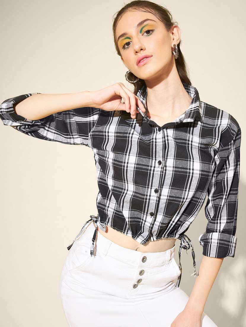 women checkered collared long sleeve crop shirt