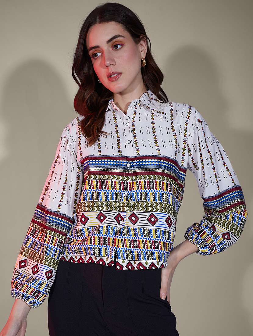 women printed collared puff sleeve regular shirt