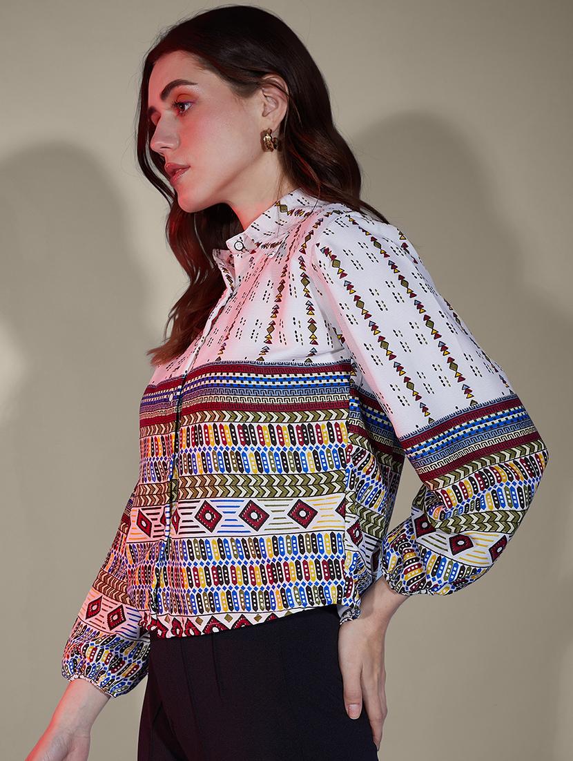 women printed collared puff sleeve regular shirt - 21947483 - Standard Image - 1