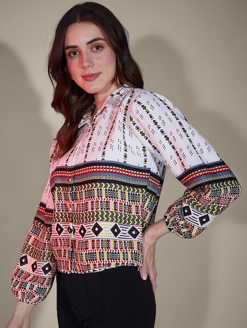 women printed collared puff sleeve regular shirt - 21947485 -  Standard Image - 1