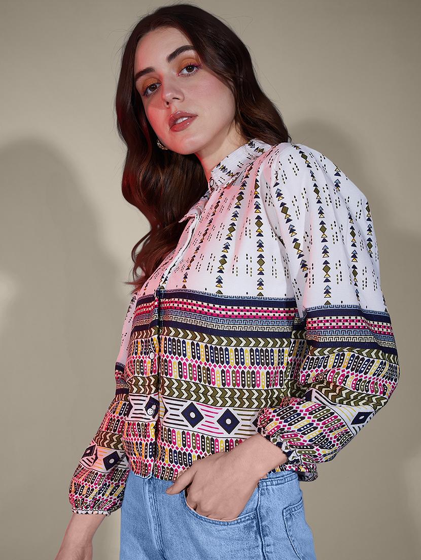 women printed puff sleeve collared regular shirt - 21947486 - Standard Image - 1
