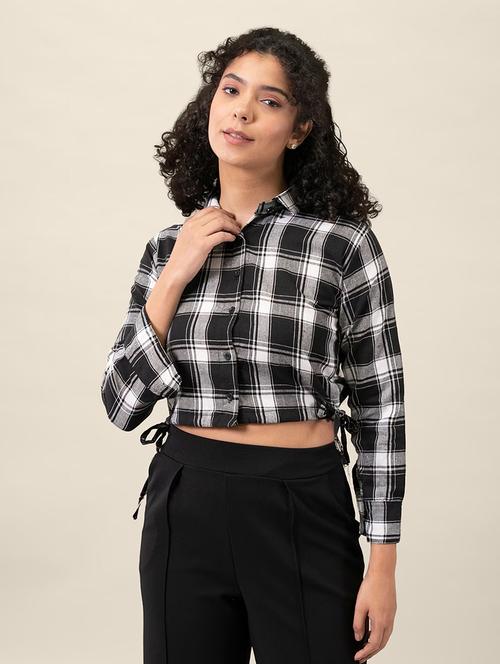women checkered collared long sleeve crop shirt - 21947487 -  Standard Image - 0