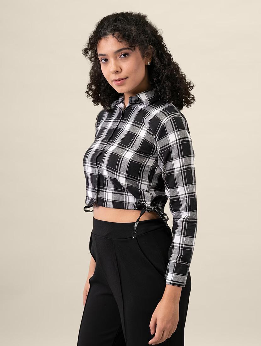 women checkered collared long sleeve crop shirt - 21947487 -  Standard Image - 1