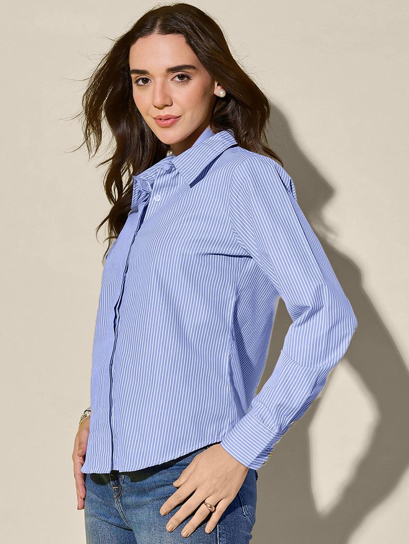 women light blue striped long sleeve collared shirt - 21947490 - Standard Image - 1