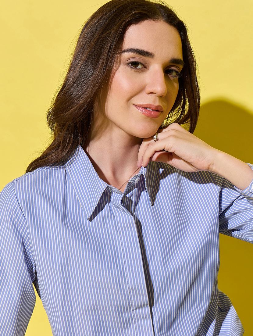 women light blue striped long sleeve collared shirt - 21947490 - Standard Image - 4