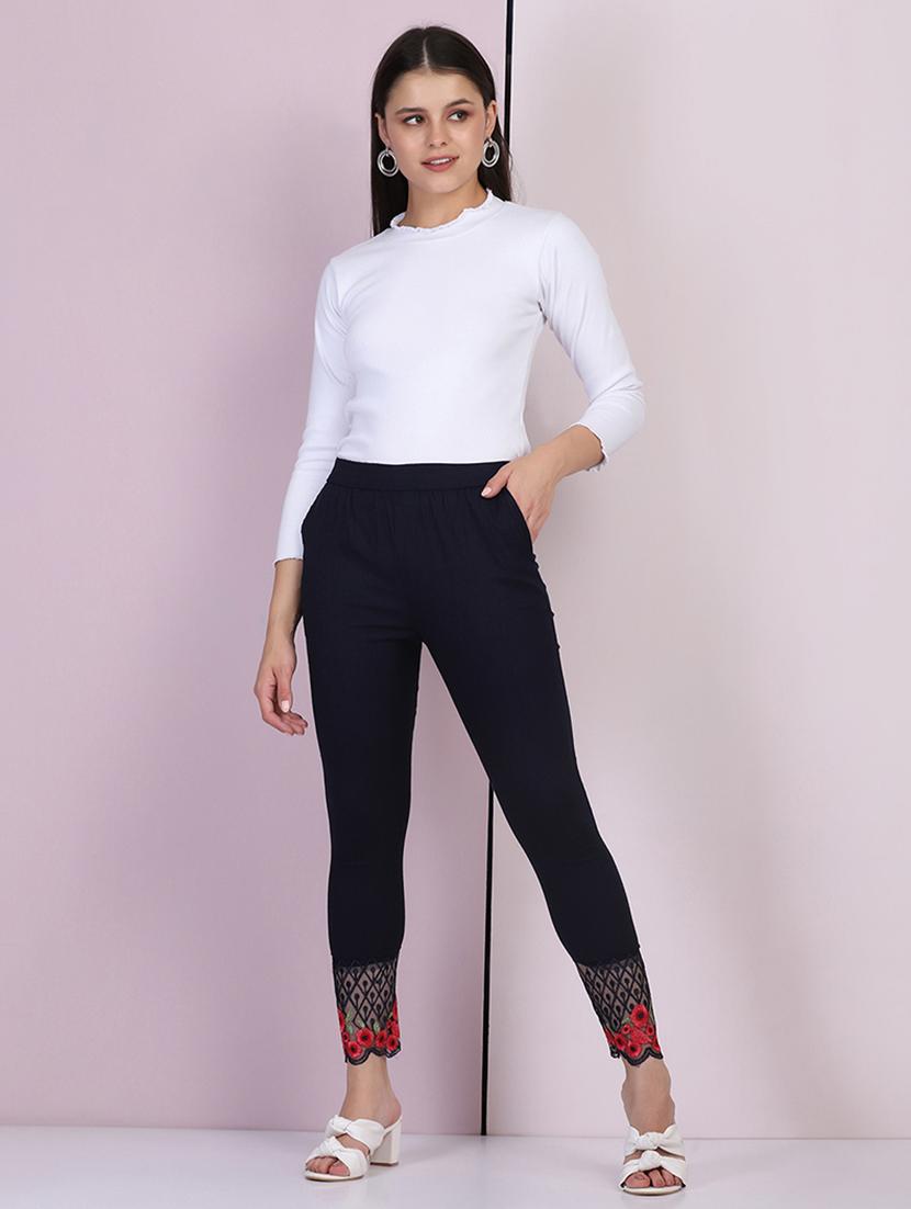 women embroidered hem mid rise tapered pant - 21947498 - Standard Image - 6