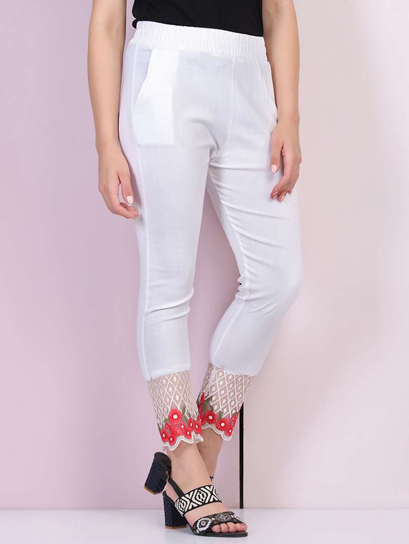women embroidered hem mid rise tapered pant - 21947500 - Standard Image - 1